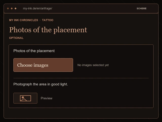 Schematic tattoo-placement photo picker in English