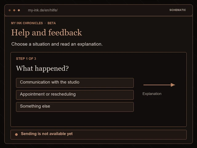 Schematic beta Help view with topic selection and explanation; message sending is not yet available