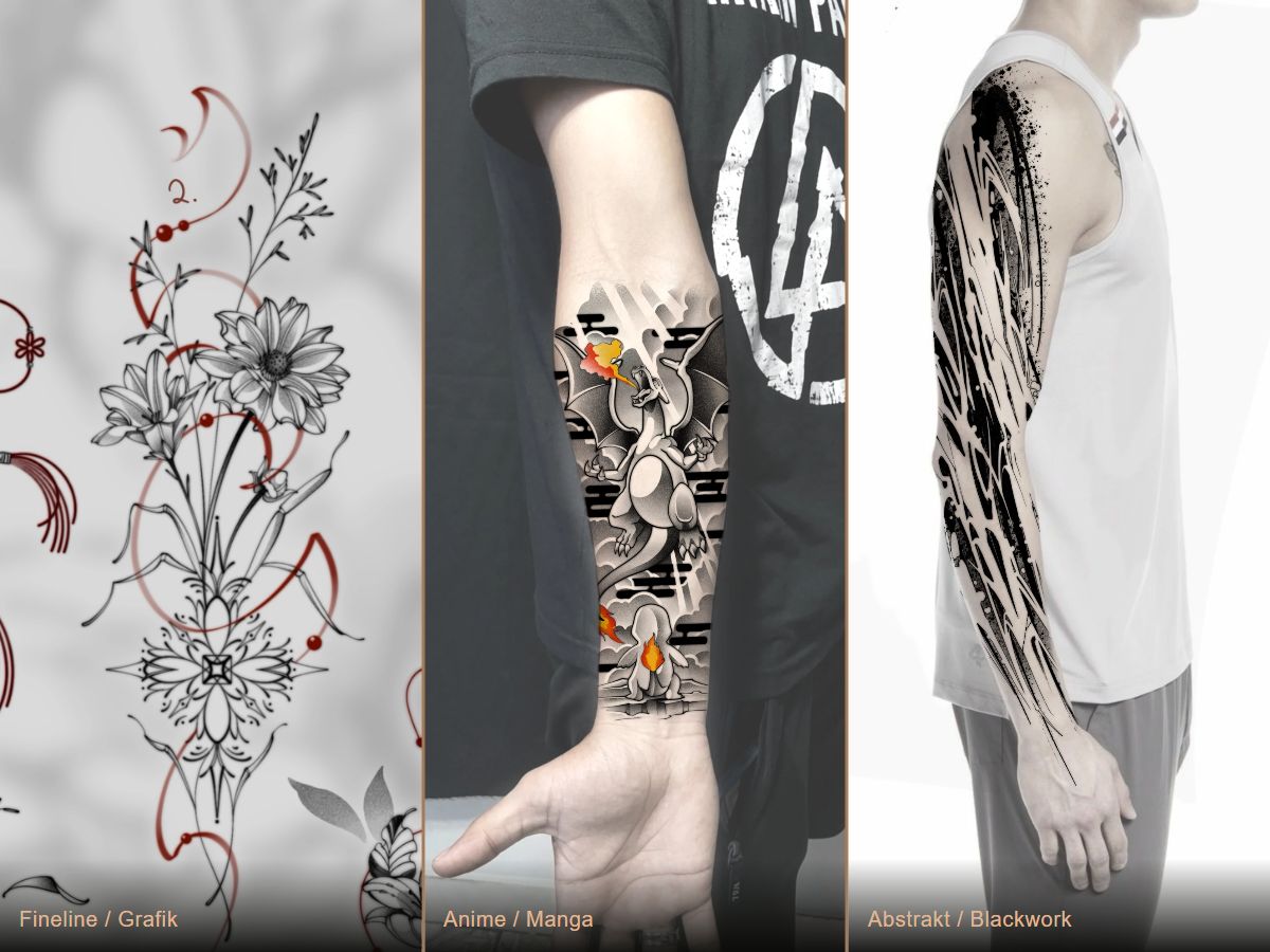 Drei WannaDo-Beispiele: floraler Fineline-Entwurf, Anime-Manga-Platzierung und abstrakte Blackwork-Platzierung. Die Körperbilder zeigen Gestaltungsvorschläge.