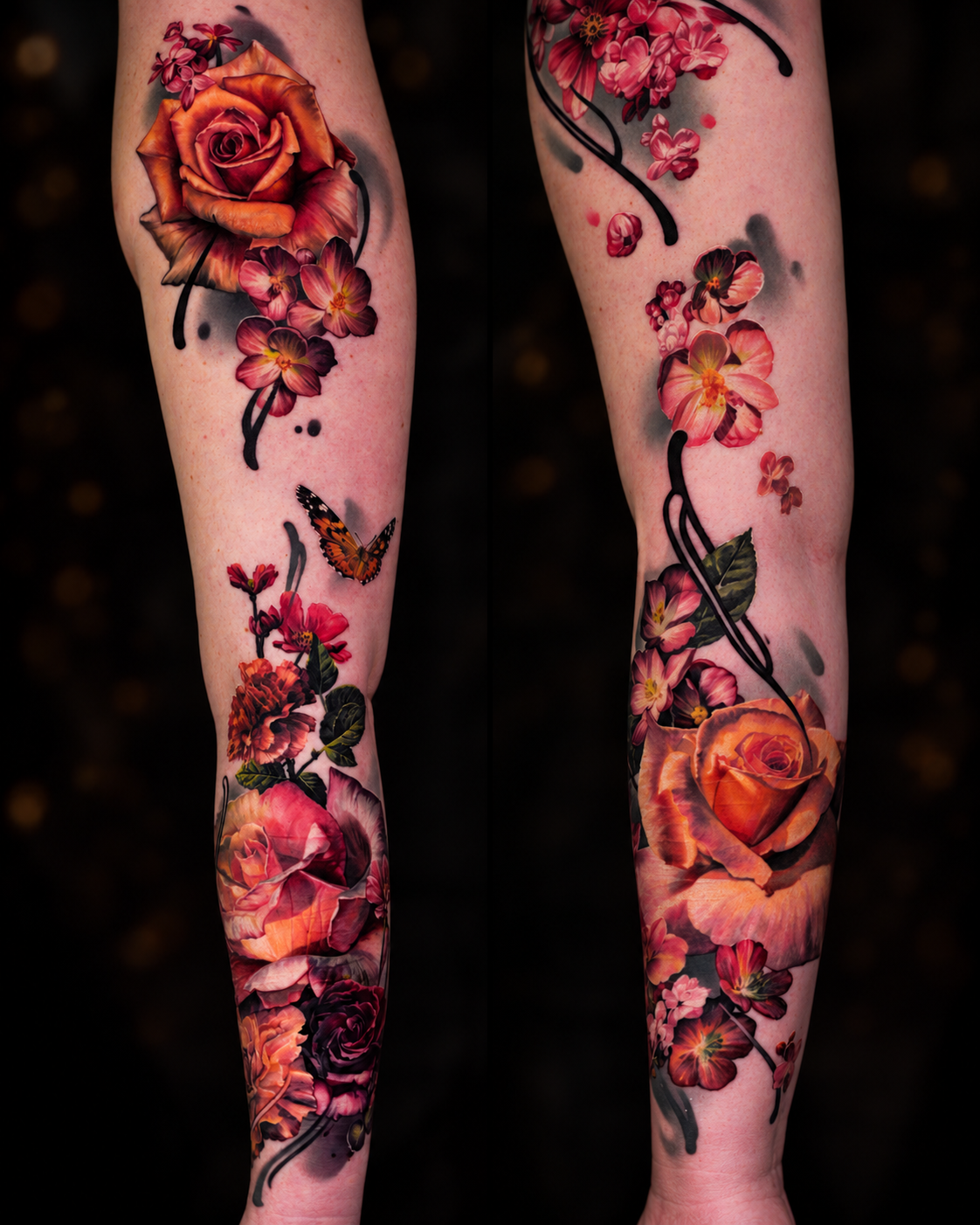 Zwei Ansichten floraler Tattoos auf Unterarmen mit Rosen, Blüten und Schmetterling