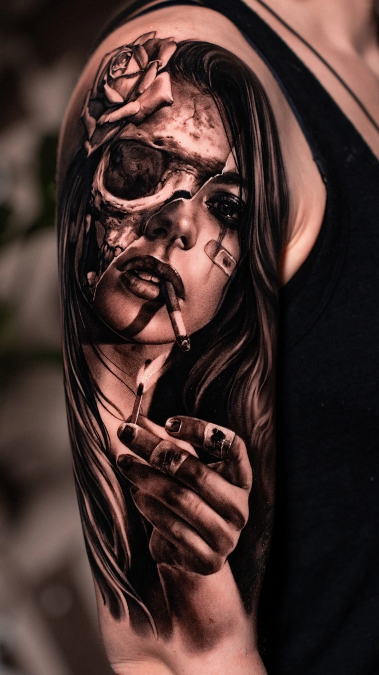 Black & Grey Tattoo: Porträt mit Rose und Schädel