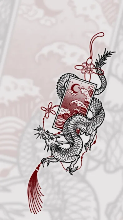 Drache mit Rahmen und roten Akzenten