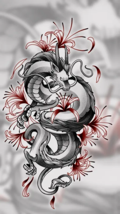 Drache mit roten Blüten