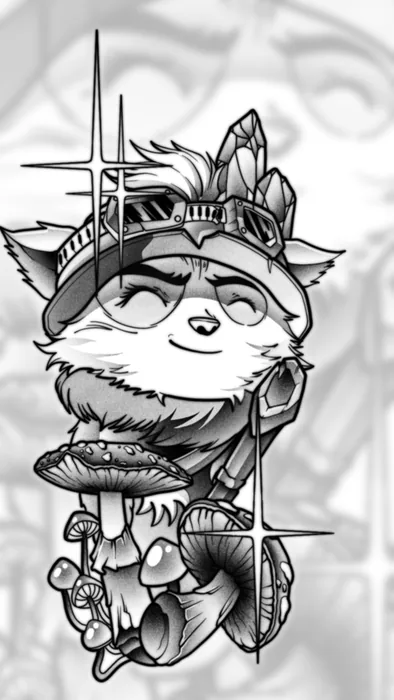 Kleine Katzenfigur mit Pilzen