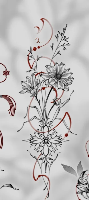 Blüten und rote Akzente